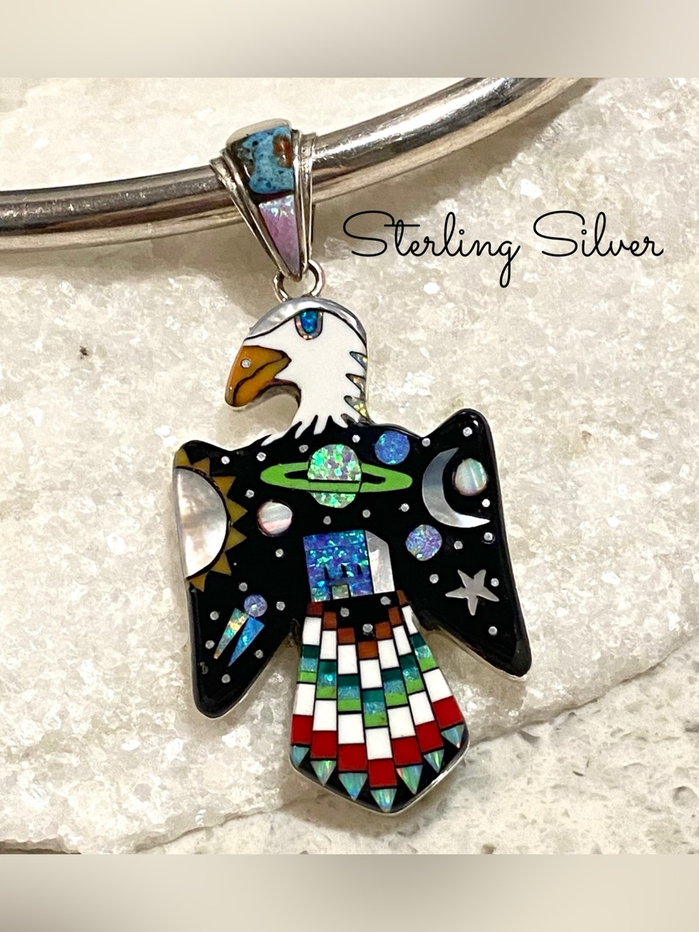 Signed SM Large Eagle Galaxy Night Sky Multi Stone Inlay Sterling Silver Pendant